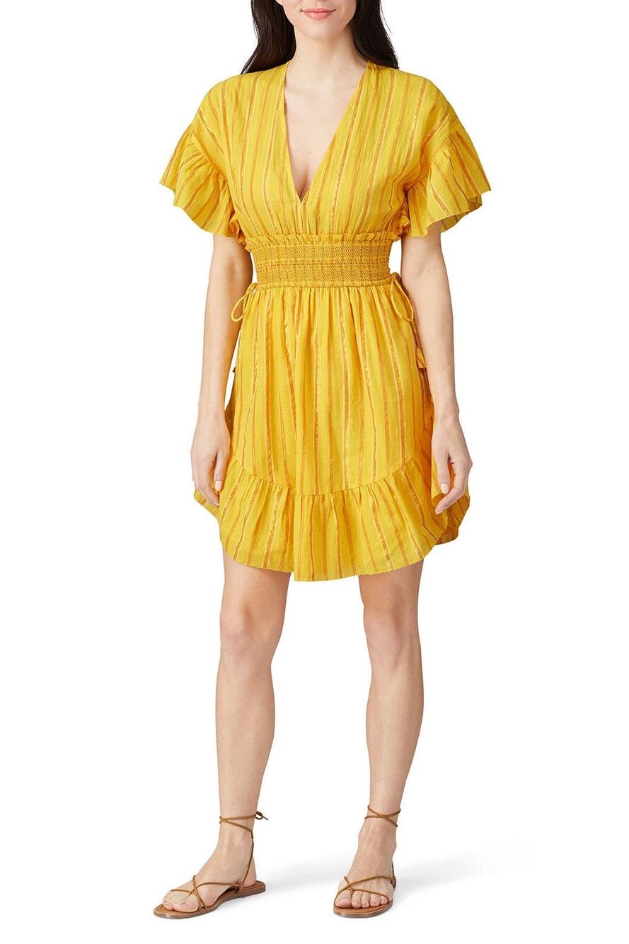 Saylor Adrianne Yellow Metallic Stripe Smocked V-Neck Mini Dress Size M